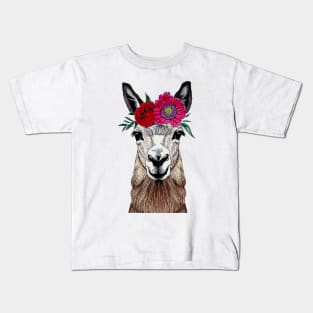 Floral Crown Llama Red and Pink Flowers Kids T-Shirt